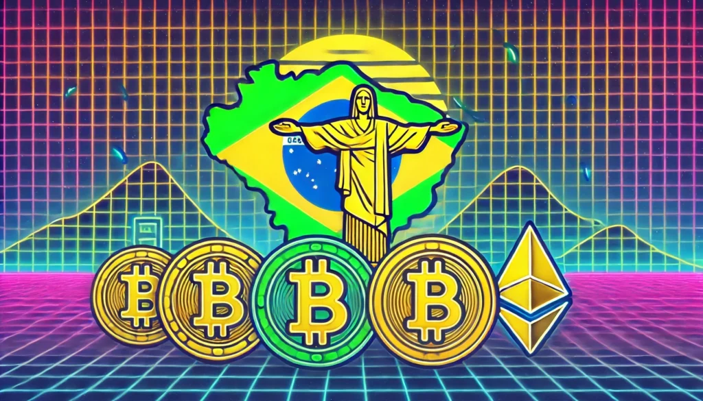 Dall·e 2024 10 28 22.00.51 A Retro 80s Style Image Representing Brazil Buying Cryptocurrency. The De.webp