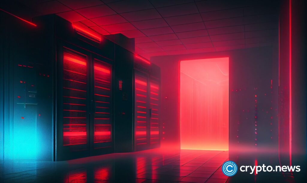Crypto news datacenter room fog around side view aurora and stardust on background holography red ne.jpeg