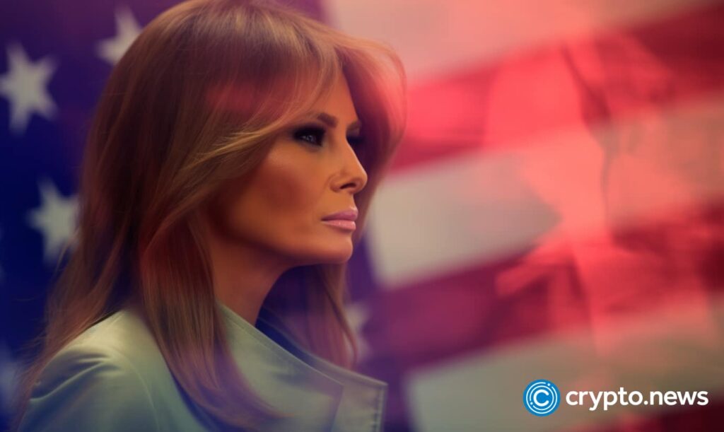 Crypto news melania trump front side view portrait blurry hologram usa flag backgroun v5.1.jpg