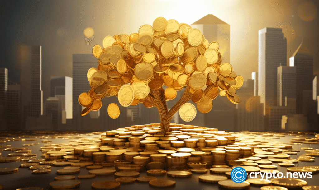 Crypto news a tree grows out of gold coins modern city background low poly style v5.2.png