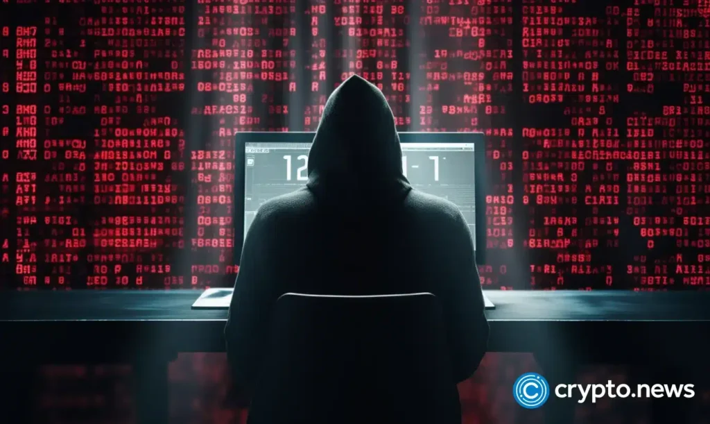 Crypto news hacker sits near laptop backside view matrix white numbers code artificial intelligence.webp